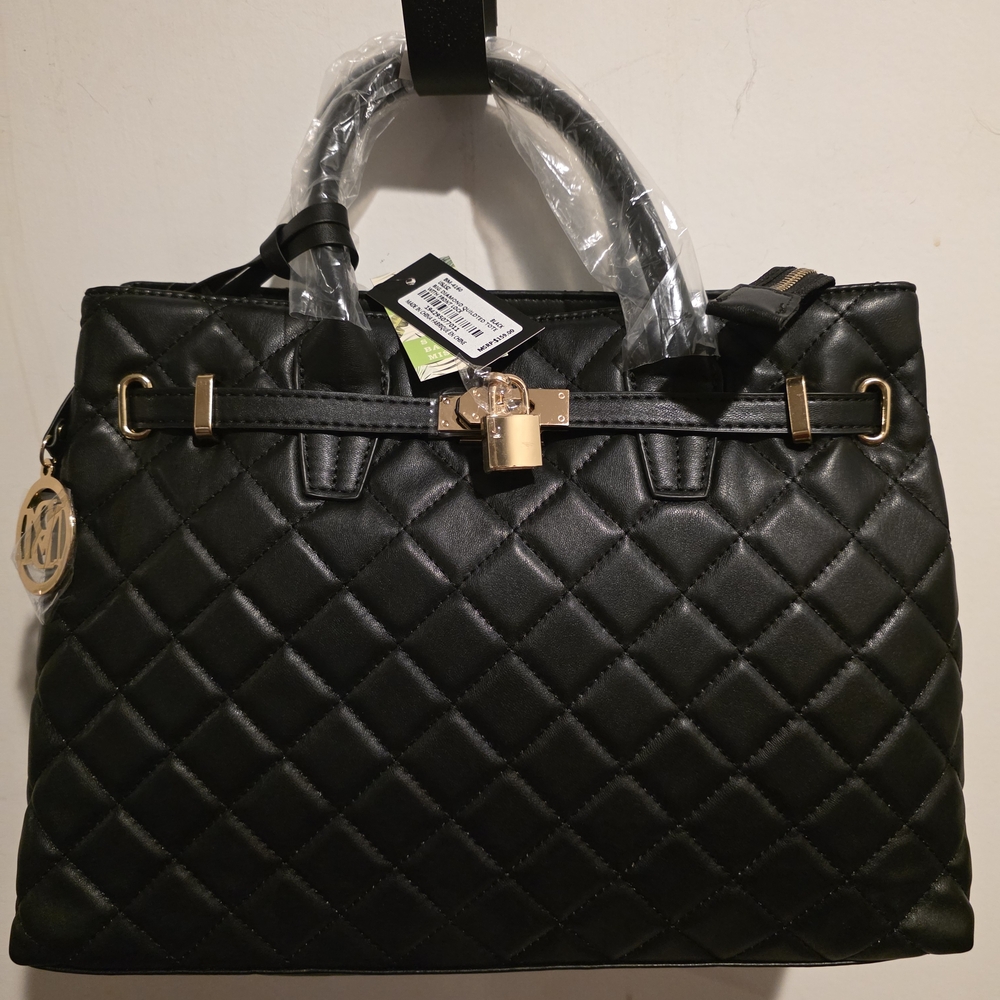 NWT Badgley Mischka Black Quilted Satchel with Gold Hardware